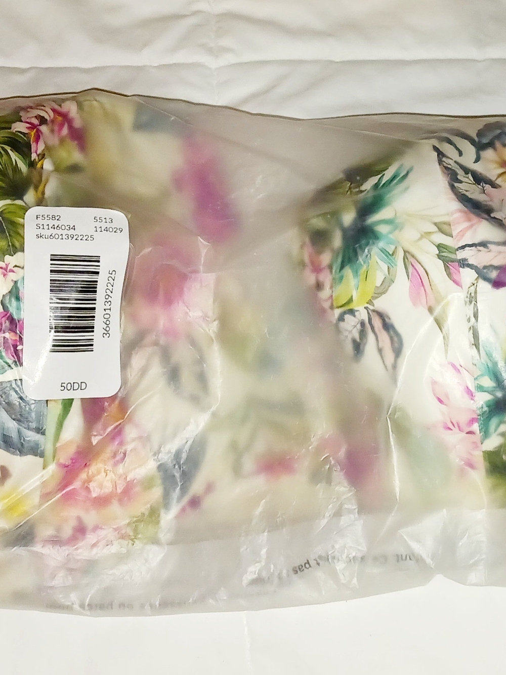 CACIQUE Floral Print Bra - White Background with Pink & Green Flowers SIZE 50 DD